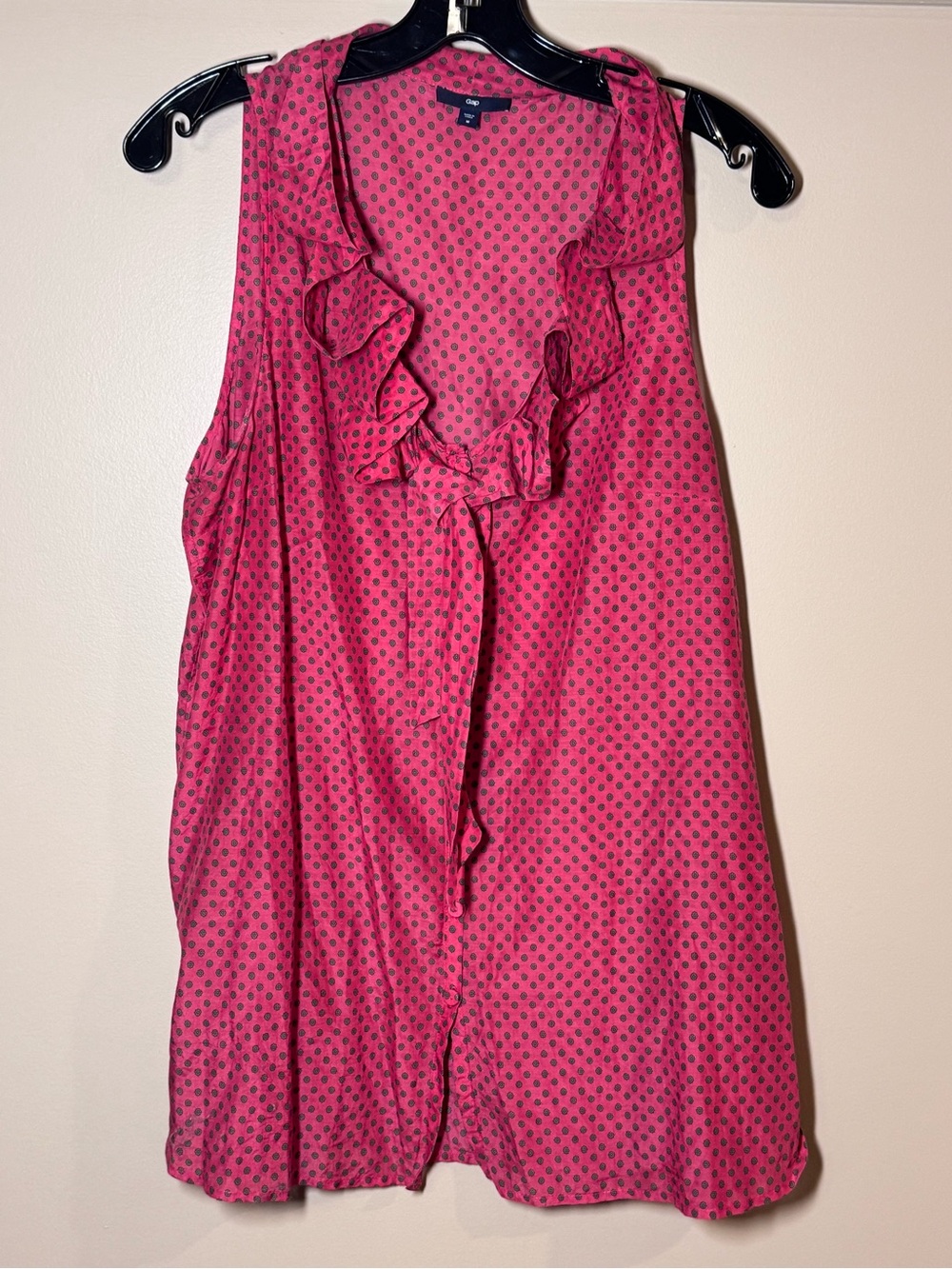 Sleeveless Ruffle Front Blouse in Salmon Pink with Navy Dot Print